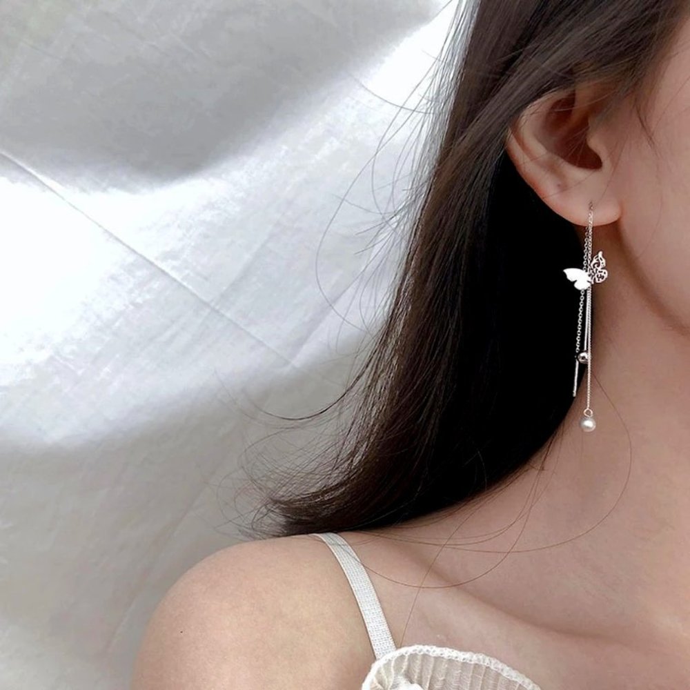 Fashion 925 Sterling Silver Post Pearl Earrings Butterfly Tassel